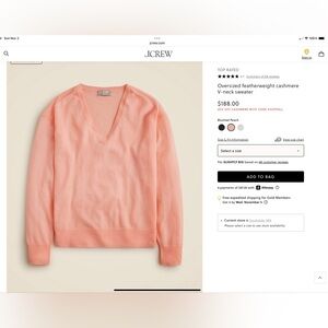 NWOT J. Crew Soft Peach V-Neck Cashmere Sweater